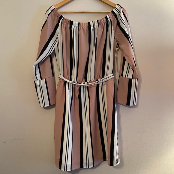 Dex Dresses & Skirts - DEX Pink striped dress. Off the shoulder. Elastic waist with accent belt.